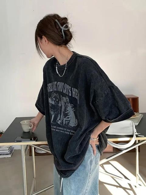 超お買い得1390円★猫プリント クルーネック Tシャツ 春夏 カジュアル 半袖 Tシャツ(日本サイズM相当) < 女性ファッション  超お買い得1390円★猫プリント クルーネック Tシャツ 春夏 カジュアル 半袖 Tシャツ(日本サイズM相当) < 女性ファッションの