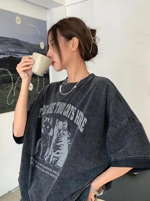 超お買い得1390円★猫プリント クルーネック Tシャツ 春夏 カジュアル 半袖 Tシャツ(日本サイズM相当) < 女性ファッション  超お買い得1390円★猫プリント クルーネック Tシャツ 春夏 カジュアル 半袖 Tシャツ(日本サイズM相当) < 女性ファッションの