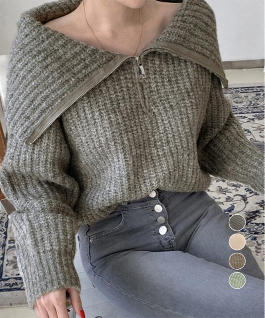 送料無料 新品 ハーフジップニットセーター ビッグカラー < 女性ファッション  送料無料 新品 ハーフジップニットセーター ビッグカラー  < 女性ファッションの