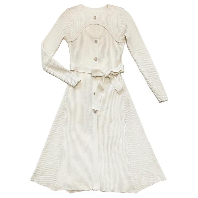 胸開き 3シーズン対応リヴニットワンピース 白 < 女性ファッション  胸開き 3シーズン対応リヴニットワンピース 白  < 女性ファッションの