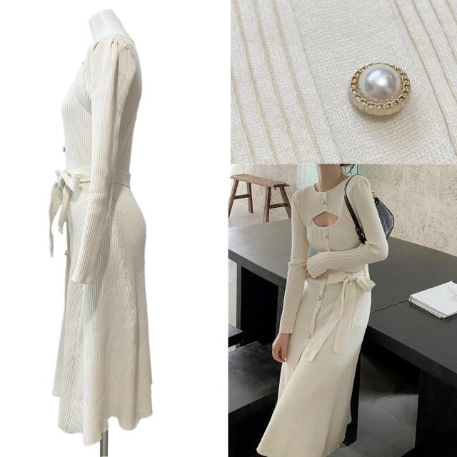 胸開き 3シーズン対応リヴニットワンピース 白 < 女性ファッション  胸開き 3シーズン対応リヴニットワンピース 白 < 女性ファッションの