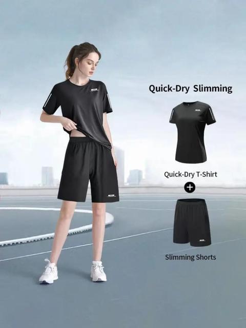 爆ヤス価格1290円★女性用2点速乾アスレチックウェアセット - ライトブルーTシャツ&ブラックショーツ 日本サイズL < 女性ファッション  爆ヤス価格1290円★女性用2点速乾アスレチックウェアセット - ライトブルーTシャツ&ブラックショーツ 日本サイズL  < 女性ファッションの