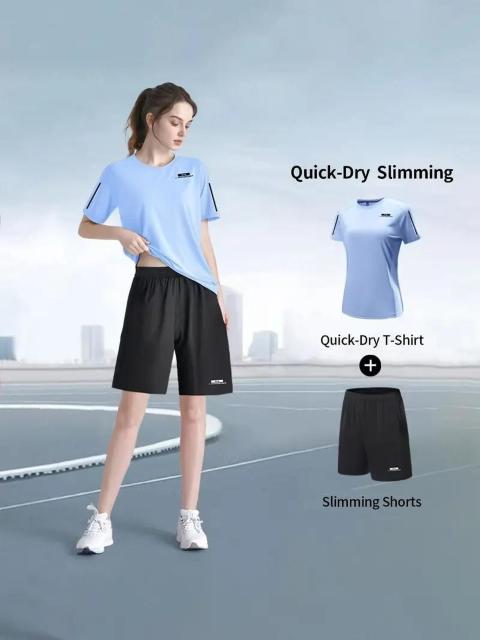 爆ヤス価格1290円★女性用2点速乾アスレチックウェアセット - ライトブルーTシャツ&ブラックショーツ 日本サイズL < 女性ファッション  爆ヤス価格1290円★女性用2点速乾アスレチックウェアセット - ライトブルーTシャツ&ブラックショーツ 日本サイズL < 女性ファッションの