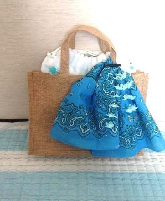 ハンドメイド◆4way♪麻 トートバッグ  巾着 ブルー バンダナ お花ヘアピン < 女性ファッション  ハンドメイド◆4way♪麻 トートバッグ  巾着 ブルー バンダナ お花ヘアピン  < 女性ファッションの