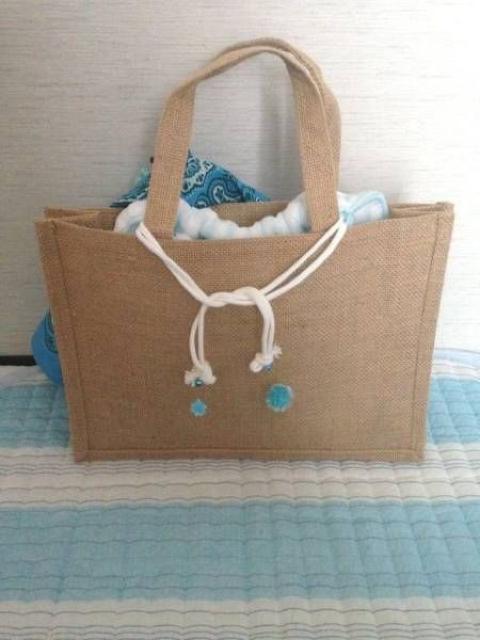 ハンドメイド◆4way♪麻 トートバッグ  巾着 ブルー バンダナ お花ヘアピン < 女性ファッション  ハンドメイド◆4way♪麻 トートバッグ  巾着 ブルー バンダナ お花ヘアピン < 女性ファッションの