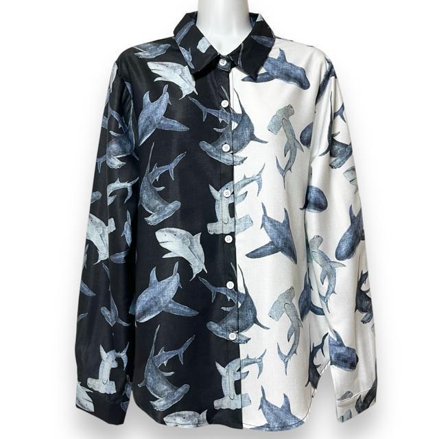 【新品/L】ハーフ切替☆シャーク柄シャツ☆鮫 < 女性ファッション  【新品/L】ハーフ切替☆シャーク柄シャツ☆鮫 < 女性ファッションの