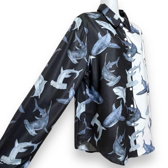 【新品/L】ハーフ切替☆シャーク柄シャツ☆鮫 < 女性ファッション  【新品/L】ハーフ切替☆シャーク柄シャツ☆鮫 < 女性ファッションの