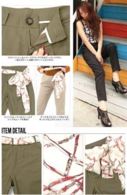 《New》チェーン柄スカーフベルト付★美脚・スタイリッシュ*チノパン<ベージュ> < 女性ファッション  《New》チェーン柄スカーフベルト付★美脚・スタイリッシュ*チノパン<ベージュ> < 女性ファッションの