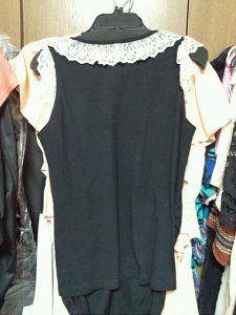 黒タンクトップアイボリーかぎ針レース丈長サイドギャザーS〜M < 女性ファッション  黒タンクトップアイボリーかぎ針レース丈長サイドギャザーS〜M < 女性ファッションの