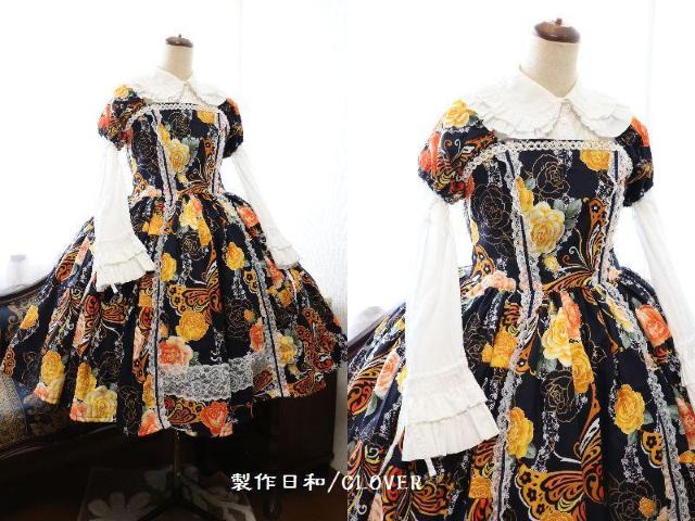 紺×黄色 蝶和柄OP M~2Lサイズ < 女性ファッション  紺×黄色 蝶和柄OP M~2Lサイズ < 女性ファッションの