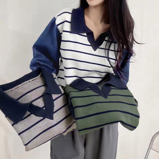 送料無料 新品 ポロカラーニットセーター ボーダー 秋冬 < 女性ファッション  送料無料 新品 ポロカラーニットセーター ボーダー 秋冬 < 女性ファッションの