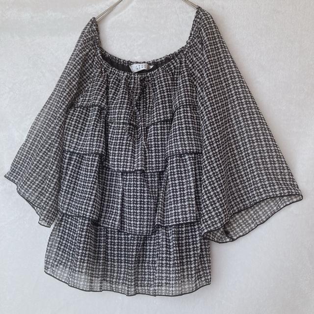 IKEDA NOBUO 千鳥柄風 フリル ティアード チュニック トップス L モノトーン N2m < 女性ファッション IKEDA NOBUO 千鳥柄風 フリル ティアード チュニック トップス L モノトーン N2m < 女性ファッションの