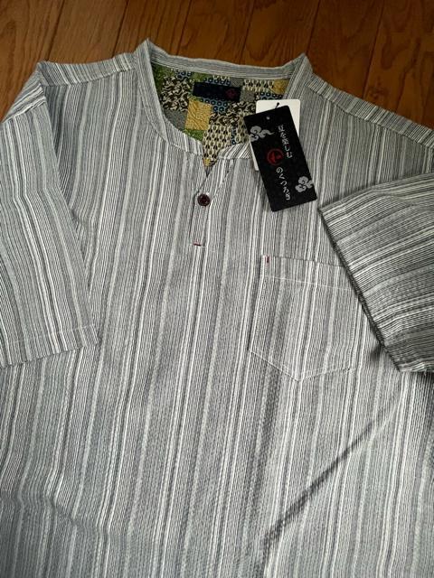 LLサイズ!高貴紳士的!和のくつろぎ!サラッとしじら織り!ヘンリーネック!半袖シャツ! < 男性ファッション  LLサイズ!高貴紳士的!和のくつろぎ!サラッとしじら織り!ヘンリーネック!半袖シャツ! < 男性ファッションの