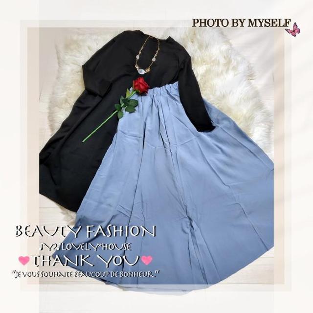 〜3L*2点セット/スリットTチュニワンピ+マキシスカート*黒水色 < 女性ファッション  〜3L*2点セット/スリットTチュニワンピ+マキシスカート*黒水色 < 女性ファッションの