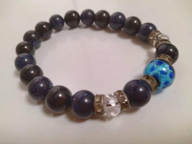 光るホタルガラスブルー ブラックオニキス ブルーサンドストーン 腕周り約17cm < 男性アクセサリー/時計 光るホタルガラスブルー ブラックオニキス ブルーサンドストーン 腕周り約17cm < 男性アクセサリー/時計の