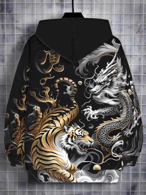 残1点★超お買い得2090円★メンズ ドラゴン タイガープリント ジッパー フーディー - USAサイズM(日本サイズXL相当) < 男性ファッション 残1点★超お買い得2090円★メンズ ドラゴン タイガープリント ジッパー フーディー - USAサイズM(日本サイズXL相当) < 男性ファッションの