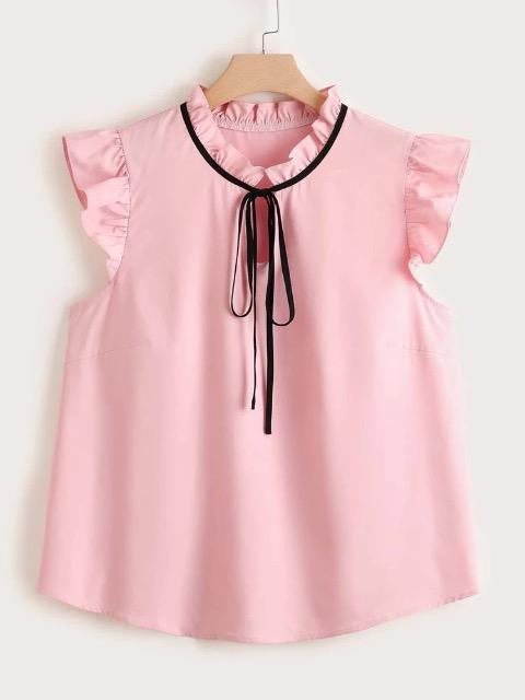 プラス ラッフルスリーブ フリル タイネック ブラウス < 女性ファッション  プラス ラッフルスリーブ フリル タイネック ブラウス  < 女性ファッションの