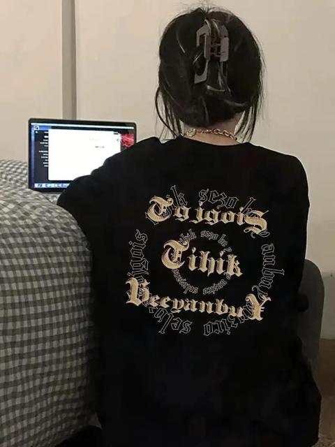 爆ヤス価格890円★レディース カジュアル ルーズフィット 半袖Tシャツ - ブラック ゴールデン文字プリント 日本サイズXL < 女性ファッション  爆ヤス価格890円★レディース カジュアル ルーズフィット 半袖Tシャツ - ブラック ゴールデン文字プリント 日本サイズXL  < 女性ファッションの