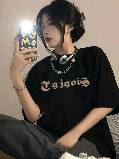 爆ヤス価格890円★レディース カジュアル ルーズフィット 半袖Tシャツ - ブラック ゴールデン文字プリント 日本サイズXL < 女性ファッション  爆ヤス価格890円★レディース カジュアル ルーズフィット 半袖Tシャツ - ブラック ゴールデン文字プリント 日本サイズXL < 女性ファッションの