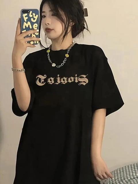 爆ヤス価格890円★レディース カジュアル ルーズフィット 半袖Tシャツ - ブラック ゴールデン文字プリント 日本サイズXL < 女性ファッション  爆ヤス価格890円★レディース カジュアル ルーズフィット 半袖Tシャツ - ブラック ゴールデン文字プリント 日本サイズXL < 女性ファッションの