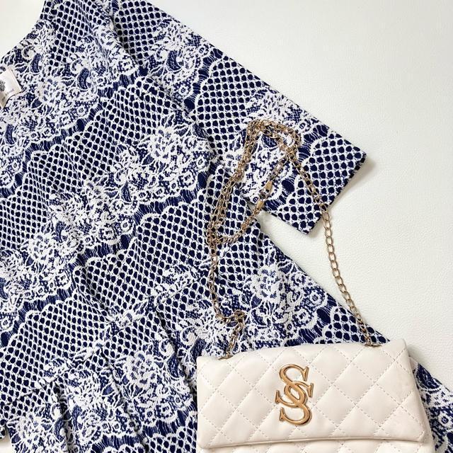 ◆極美品◆ブージュルード◆ストレッチ素材◆レース柄膝丈ワンピース◆白×ネイビーF < 女性ファッション  ◆極美品◆ブージュルード◆ストレッチ素材◆レース柄膝丈ワンピース◆白×ネイビーF < 女性ファッションの