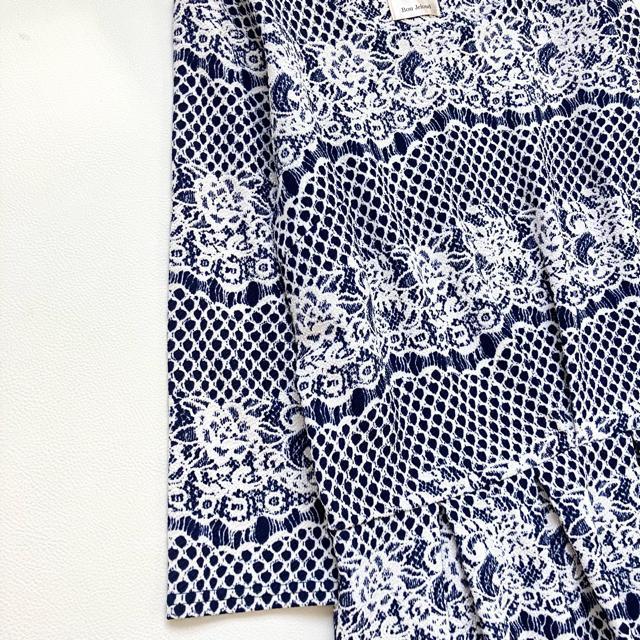 ◆極美品◆ブージュルード◆ストレッチ素材◆レース柄膝丈ワンピース◆白×ネイビーF < 女性ファッション  ◆極美品◆ブージュルード◆ストレッチ素材◆レース柄膝丈ワンピース◆白×ネイビーF < 女性ファッションの