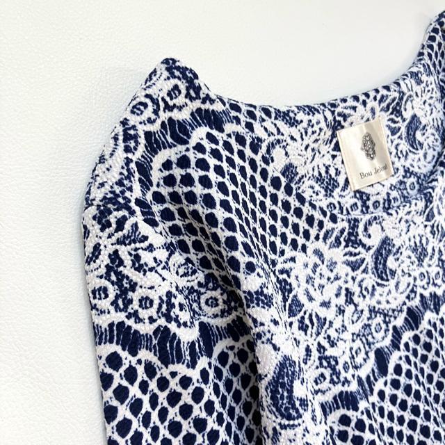 ◆極美品◆ブージュルード◆ストレッチ素材◆レース柄膝丈ワンピース◆白×ネイビーF < 女性ファッション  ◆極美品◆ブージュルード◆ストレッチ素材◆レース柄膝丈ワンピース◆白×ネイビーF < 女性ファッションの