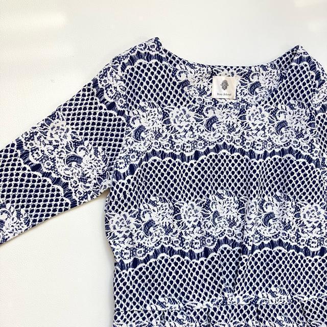 ◆極美品◆ブージュルード◆ストレッチ素材◆レース柄膝丈ワンピース◆白×ネイビーF < 女性ファッション  ◆極美品◆ブージュルード◆ストレッチ素材◆レース柄膝丈ワンピース◆白×ネイビーF < 女性ファッションの