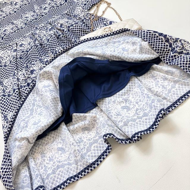 ◆極美品◆ブージュルード◆ストレッチ素材◆レース柄膝丈ワンピース◆白×ネイビーF < 女性ファッション  ◆極美品◆ブージュルード◆ストレッチ素材◆レース柄膝丈ワンピース◆白×ネイビーF < 女性ファッションの