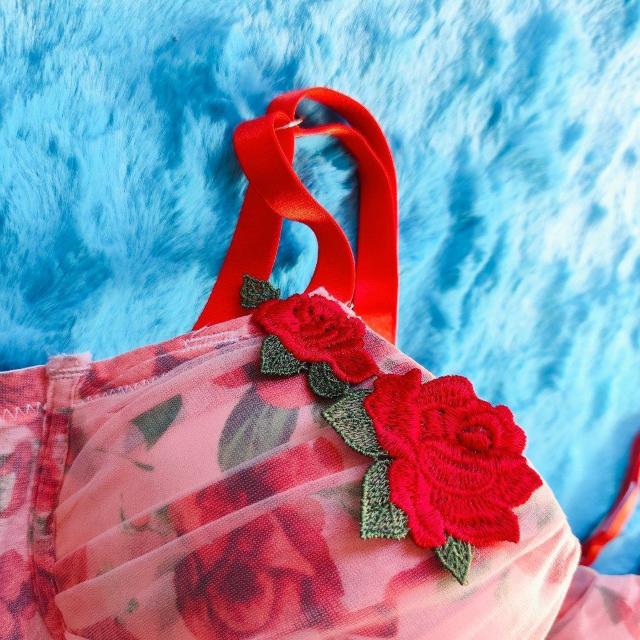 透けシフォンがエロカワッ。。F85×LL。。ローズワッペン付薔薇柄ブラジャー&ショーツセット。。グラマー大きいサイズフラワー花柄 < 女性ファッション  透けシフォンがエロカワッ。。F85×LL。。ローズワッペン付薔薇柄ブラジャー&ショーツセット。。グラマー大きいサイズフラワー花柄 < 女性ファッションの