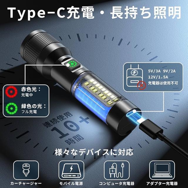 懐中電灯 夜光ライト ハンドヘルドトーチ ledライト/6モード調光/Type-C充電式/電池式スマート急速放熱 可変ズーム < 家電/AV  懐中電灯 夜光ライト ハンドヘルドトーチ ledライト/6モード調光/Type-C充電式/電池式スマート急速放熱 可変ズーム < 家電/AVの