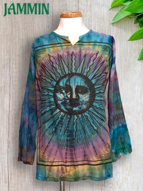 タイダイ太陽&月クルタ 長袖 アジアン サイケ ヒッピー エスニック < 男性ファッション  タイダイ太陽&月クルタ 長袖 アジアン サイケ ヒッピー エスニック  < 男性ファッションの