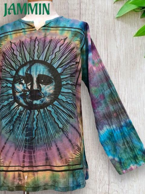 タイダイ太陽&月クルタ 長袖 アジアン サイケ ヒッピー エスニック < 男性ファッション  タイダイ太陽&月クルタ 長袖 アジアン サイケ ヒッピー エスニック < 男性ファッションの