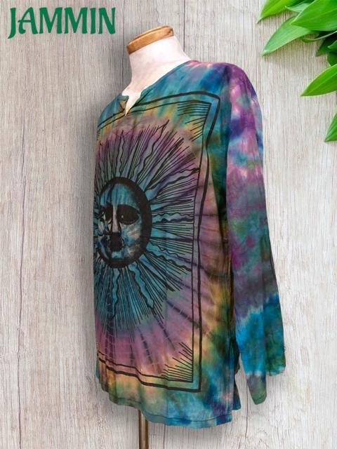 タイダイ太陽&月クルタ 長袖 アジアン サイケ ヒッピー エスニック < 男性ファッション  タイダイ太陽&月クルタ 長袖 アジアン サイケ ヒッピー エスニック < 男性ファッションの