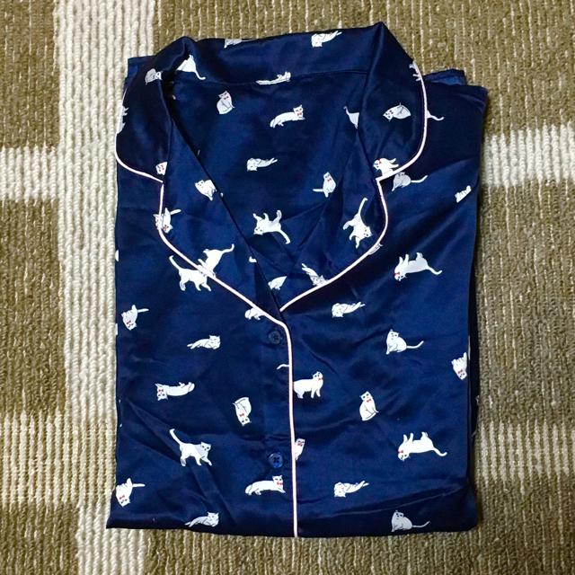 GU・猫リボンキャット柄ネイビーサテン長袖パジャマ < ブランド GU・猫リボンキャット柄ネイビーサテン長袖パジャマ < ブランドの