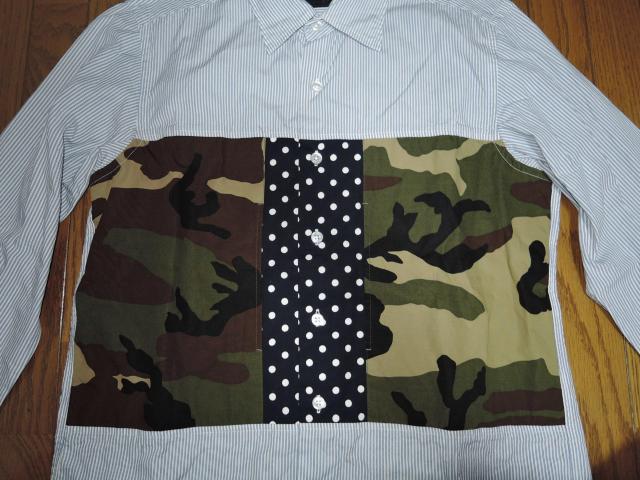 SOPHNET. ソフネット 再構築 パッチワーク ストライプシャツ S 迷彩柄 ドット柄 薄手 FABRIC MIX < ブランド  SOPHNET. ソフネット 再構築 パッチワーク ストライプシャツ S 迷彩柄 ドット柄 薄手 FABRIC MIX < ブランドの