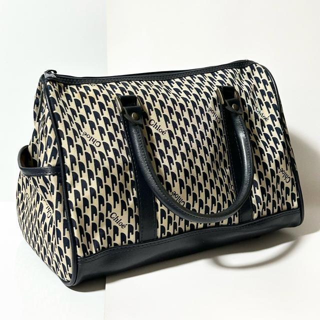 美品 Chloe クロエ ナイロン レザー ハンドバッグ ミニボストン ベージュ ネイビー < ブランド  美品 Chloe クロエ ナイロン レザー ハンドバッグ ミニボストン ベージュ ネイビー < ブランドの