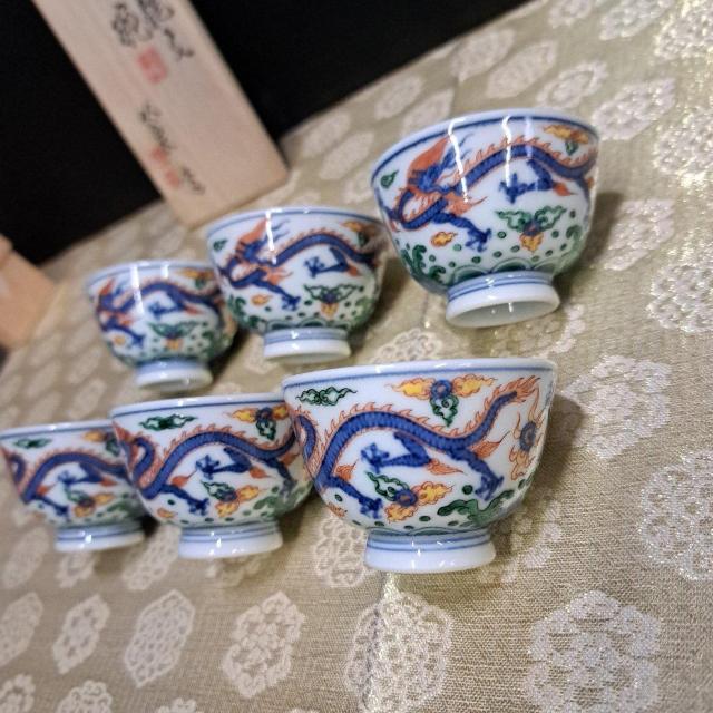 五代 三浦竹泉 造 赤絵 龍文 茶碗 6客 在銘 茶器 骨董品 B1Z3 < ホビー 五代 三浦竹泉 造 赤絵 龍文 茶碗 6客 在銘 茶器 骨董品 B1Z3 < ホビーの