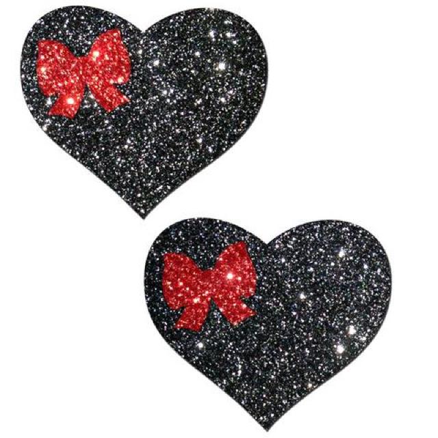 US製 ブラックハートにリボンのグリッターラメニプレス < 女性ファッション  US製 ブラックハートにリボンのグリッターラメニプレス < 女性ファッションの