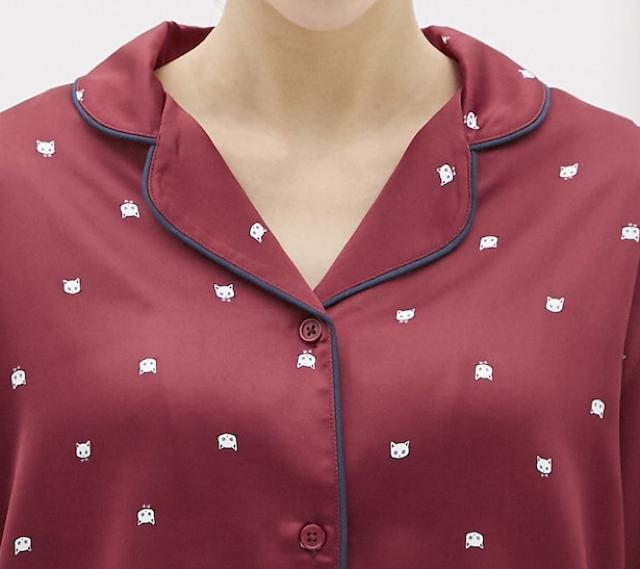 GU・猫キャットフェイス柄ワインレッドサテン長袖パジャマ < ブランド GU・猫キャットフェイス柄ワインレッドサテン長袖パジャマ < ブランドの