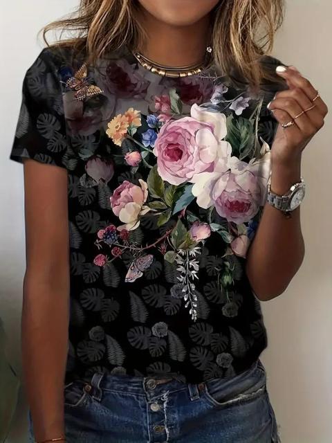爆ヤス価格1090円★花柄クルーネックTシャツ、春夏カジュアル半袖Tシャツ、婦人服 USAサイズM(日本サイズXL相当) < 女性ファッション  爆ヤス価格1090円★花柄クルーネックTシャツ、春夏カジュアル半袖Tシャツ、婦人服 USAサイズM(日本サイズXL相当)  < 女性ファッションの