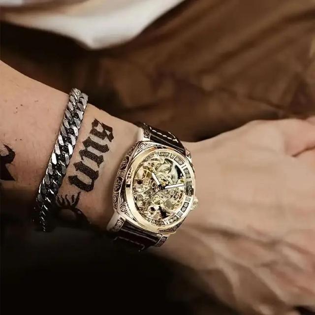 お試し4390円★ メンズ レトロ 自動機械式ウォッチ ゴールド彫刻スケルトンダイヤル、ヴィンテージクロノグラフ、電池不要 < 男性アクセサリー/時計 お試し4390円★ メンズ レトロ 自動機械式ウォッチ ゴールド彫刻スケルトンダイヤル、ヴィンテージクロノグラフ、電池不要 < 男性アクセサリー/時計の