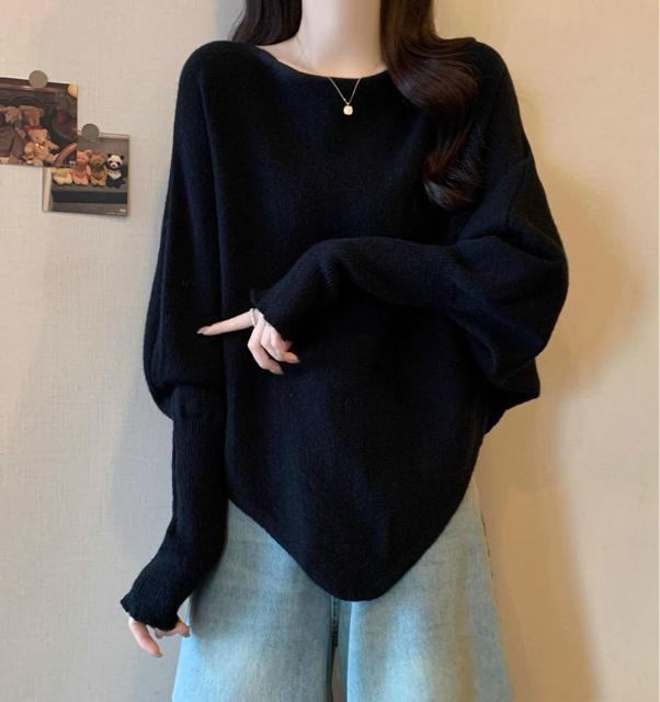 ゆったり ニット ドルマン セーター 裾不規則 ブラック 大きいサイズ < 女性ファッション ゆったり ニット ドルマン セーター 裾不規則 ブラック 大きいサイズ < 女性ファッションの
