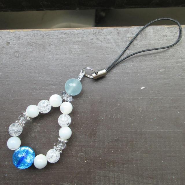 蓄光*ホタルガラスxマザーオブパールxアクアマリンストラップ < 家電/AV 蓄光*ホタルガラスxマザーオブパールxアクアマリンストラップ < 家電/AVの