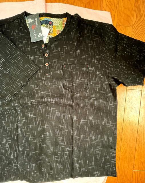 LLサイズ!高貴紳士的!和のくつろぎ!サラッとしじら織り!ヘンリーネック!半袖シャツ!黒系色合い! < 男性ファッション  LLサイズ!高貴紳士的!和のくつろぎ!サラッとしじら織り!ヘンリーネック!半袖シャツ!黒系色合い! < 男性ファッションの