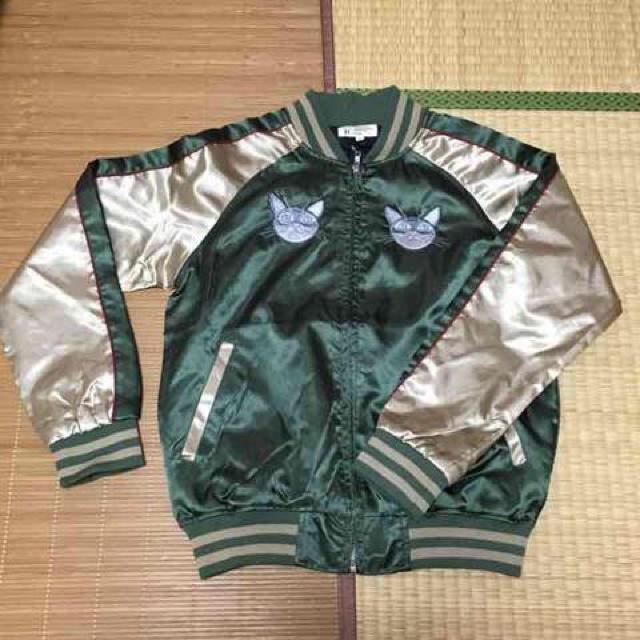 ネコ&フラワー刺繍スカジャン。カーキ×ベージュ < 女性ファッション  ネコ&フラワー刺繍スカジャン。カーキ×ベージュ  < 女性ファッションの