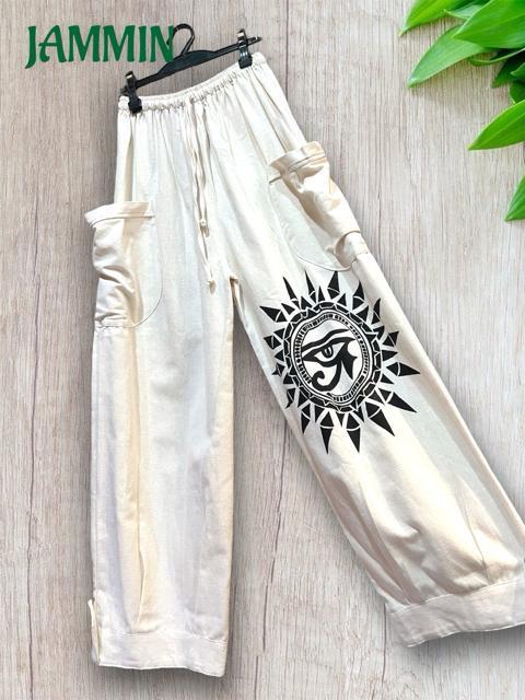 ホルスの目パンツ 生成 白 アジアン ホルス エジプト 魔除け ホルスの目 < 女性ファッション  ホルスの目パンツ 生成 白 アジアン ホルス エジプト 魔除け ホルスの目 < 女性ファッションの