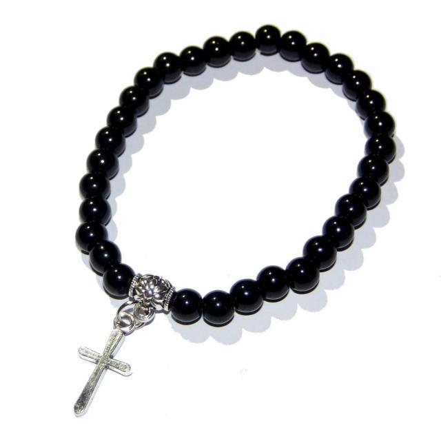 十字架 クロスモチーフ 天然石 黒色 ビーズ ブレスレット 数珠 < 男性アクセサリー/時計  十字架 クロスモチーフ 天然石 黒色 ビーズ ブレスレット 数珠 < 男性アクセサリー/時計の
