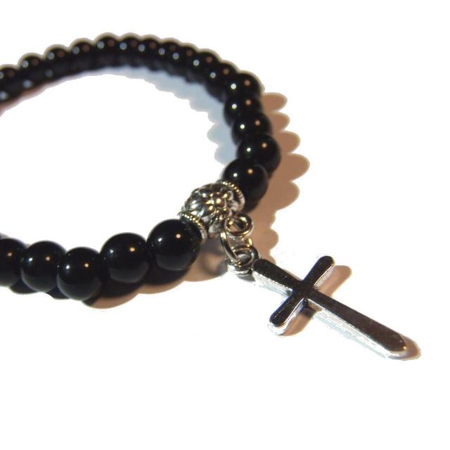 十字架 クロスモチーフ 天然石 黒色 ビーズ ブレスレット 数珠 < 男性アクセサリー/時計  十字架 クロスモチーフ 天然石 黒色 ビーズ ブレスレット 数珠 < 男性アクセサリー/時計の