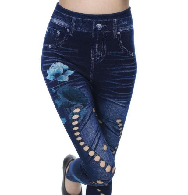 送料無料 レディース 青い花 切り抜き柄 デニム風 レギンス パンツ レギパン < 女性ファッション  送料無料 レディース 青い花 切り抜き柄 デニム風 レギンス パンツ レギパン < 女性ファッションの
